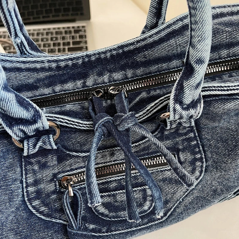 Denvara Vintage Washed Denim Tote Bag – Women's Large Capacity Shoulder Bag | Retro Rivet Detail | Casual Motorcycle-Style Handbag