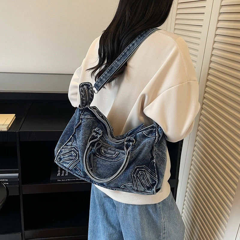 Denvara Vintage Washed Denim Tote Bag – Women's Large Capacity Shoulder Bag | Retro Rivet Detail | Casual Motorcycle-Style Handbag