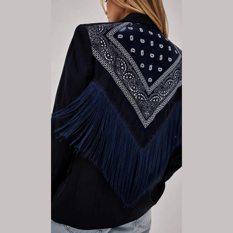 Marvella Printed Tassel Blazer – Women's Elegant Single-Breasted Jacket | Long Sleeve Lapel Blazer | Smart Casual Office Outerwear