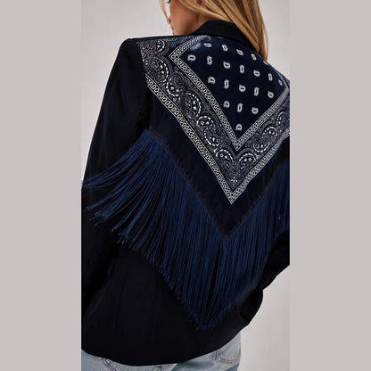 Marvella Printed Tassel Blazer – Women's Elegant Single-Breasted Jacket | Long Sleeve Lapel Blazer | Smart Casual Office Outerwear
