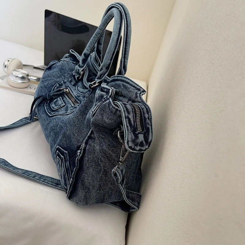Denvara Vintage Washed Denim Tote Bag – Women's Large Capacity Shoulder Bag | Retro Rivet Detail | Casual Motorcycle-Style Handbag