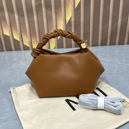 Elvoria Leather Dumpling Bag – Women's Genuine Leather Shoulder Bag | Woven Rope Handle | Soft Everyday Crossbody Handbag