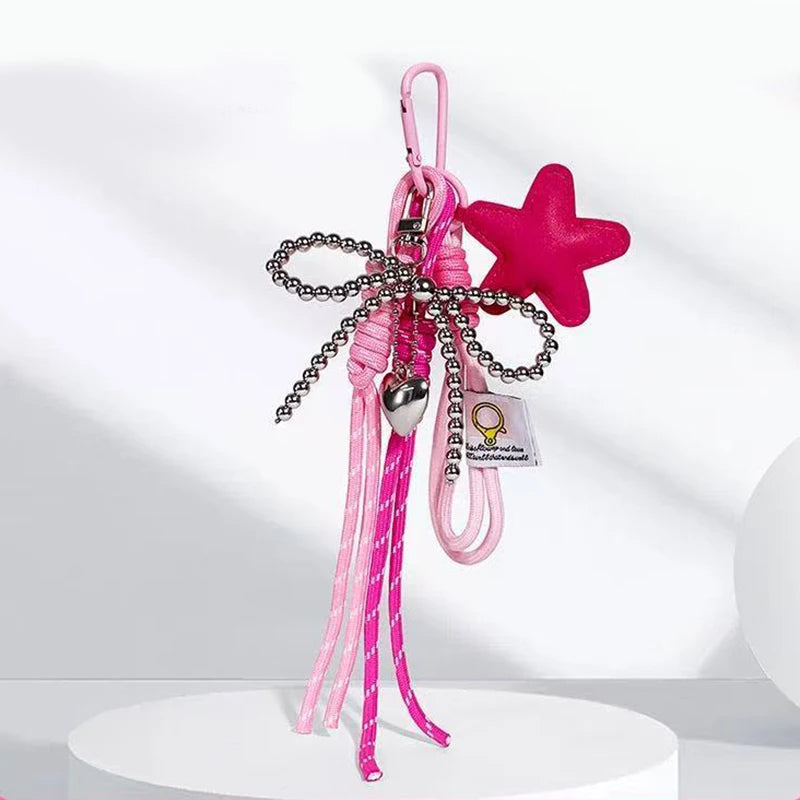 LumiBow Bow & Star Bag Charm – Nylon Keychain Pendant | Lightweight Backpack Decoration | Cute Handbag Accessory
