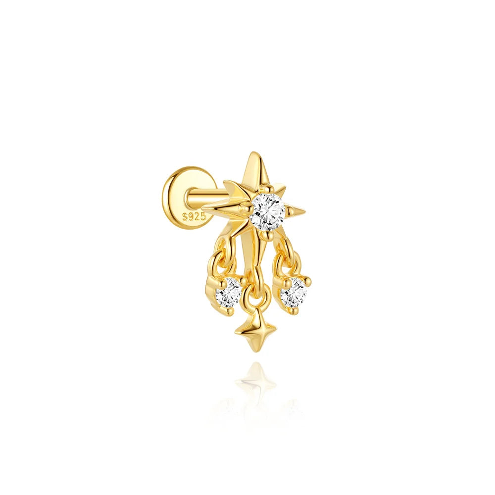 Elarisse 925 Sterling Silver Zircon Chain Stud – Women’s Flat-Back Piercing Earring | Kite Stone & Star Tassel Detail | Fine Jewellery
