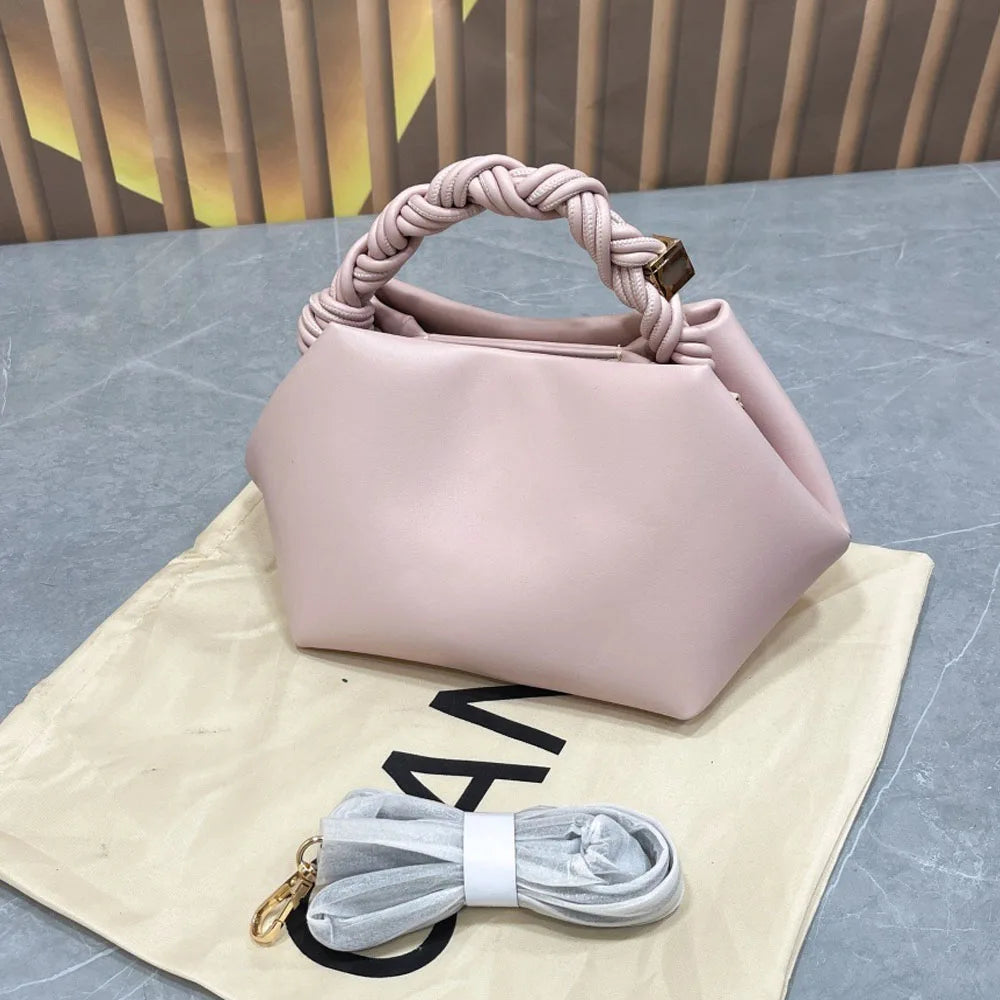 Elvoria Leather Dumpling Bag – Women's Genuine Leather Shoulder Bag | Woven Rope Handle | Soft Everyday Crossbody Handbag