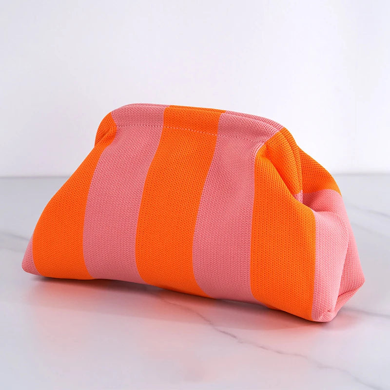 Solena Striped Woven Clutch Bag – Women’s Crochet-Style Beach Handbag | Soft Knitted Dumpling Purse | Casual Summer Clutch