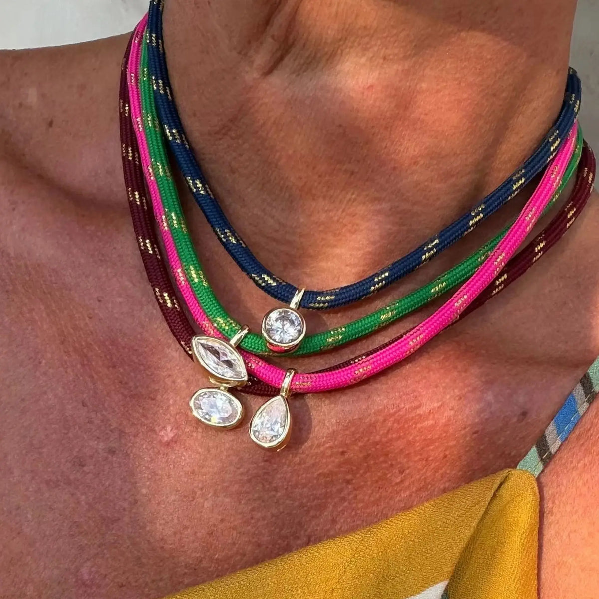 Solara Boho Multilayer Necklace – Colourful Rope & Gold-Plated Chain | Zircon Pendant Choker | Women’s Bohemian Jewellery