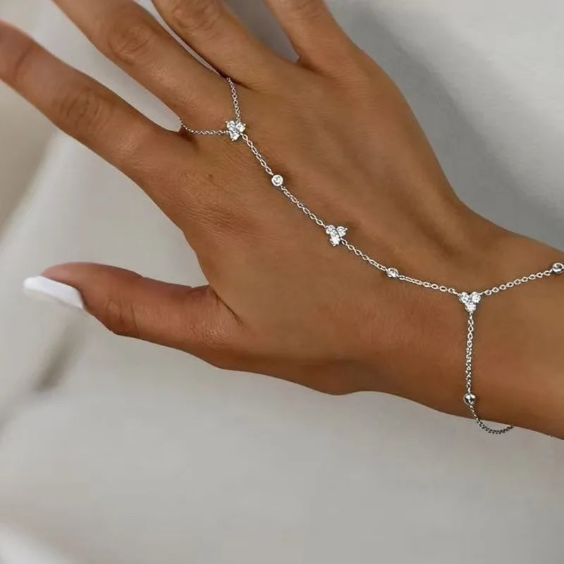 SeraphinaMesh Gold Hand Chain Bracelet – Bohemian Finger Ring Bracelet | Rhinestone Beaded Mesh Jewellery | Bridal Wedding Hand Chain