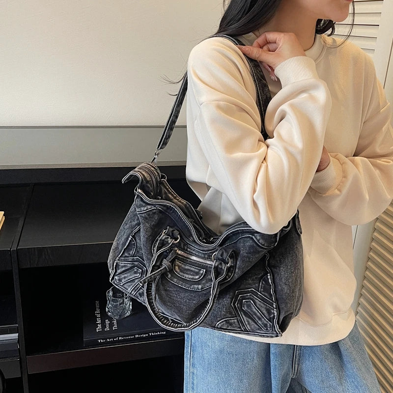 Denvara Vintage Washed Denim Tote Bag – Women's Large Capacity Shoulder Bag | Retro Rivet Detail | Casual Motorcycle-Style Handbag