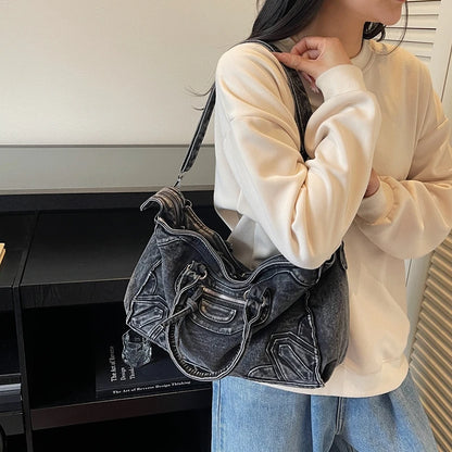 Denvara Vintage Washed Denim Tote Bag – Women's Large Capacity Shoulder Bag | Retro Rivet Detail | Casual Motorcycle-Style Handbag