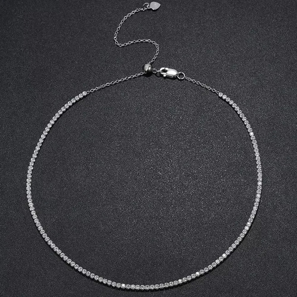 Celestia 2mm Moissanite Tennis Necklace – 925 Sterling Silver Choker |D-Colour Brilliant Stones | Adjustable Fine Jewellery for Women
