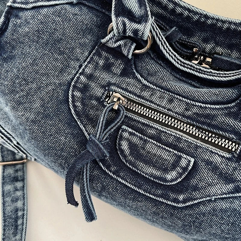 Denvara Vintage Washed Denim Tote Bag – Women's Large Capacity Shoulder Bag | Retro Rivet Detail | Casual Motorcycle-Style Handbag