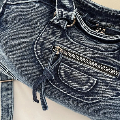Denvara Vintage Washed Denim Tote Bag – Women's Large Capacity Shoulder Bag | Retro Rivet Detail | Casual Motorcycle-Style Handbag