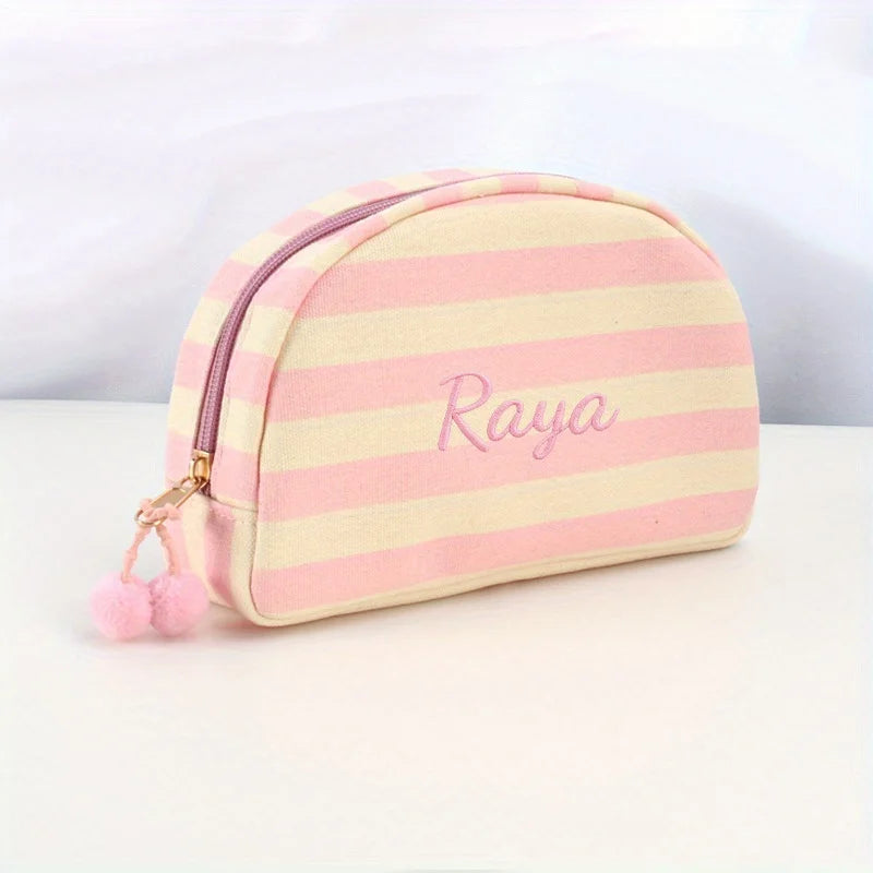 Marielle Personalised Striped Makeup Bag – Custom Name Embroidered Cosmetic Pouch | Colourful Canvas Travel Toiletry Organiser | Bridesmaid Gift