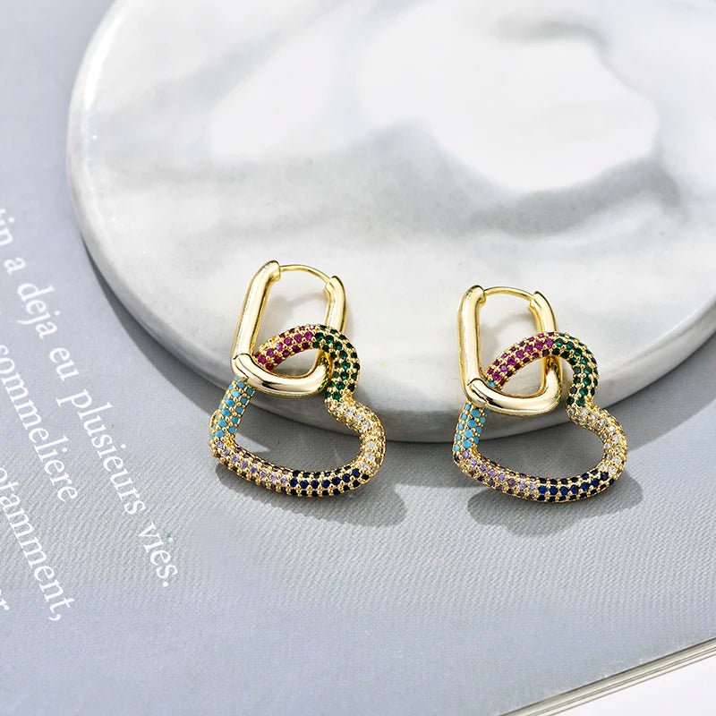 Amorette Heart Zircon Geometric Hoop Earrings – Gold-Tone Oval & Rectangle Drops | Colourful Crystal Jewellery | Elegant Women’s Earrings