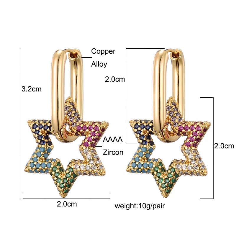 Celestara Star Zircon Hoop Earrings – Gold-Tone Geometric Drop Earrings | Colourful Cubic Zirconia | Elegant Women’s Statement Jewellery