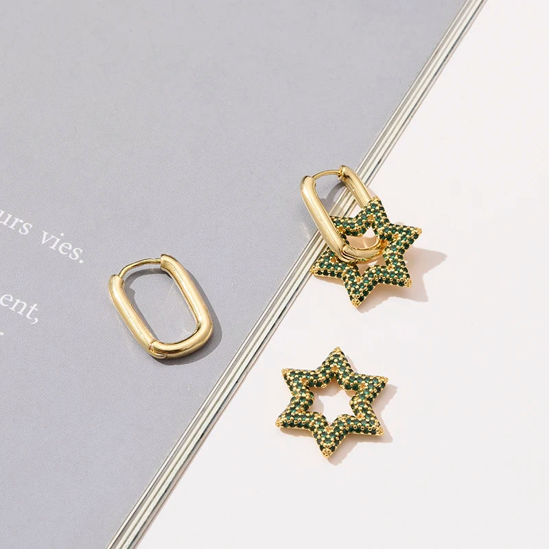 Celestara Star Zircon Hoop Earrings – Gold-Tone Geometric Drop Earrings | Colourful Cubic Zirconia | Elegant Women’s Statement Jewellery
