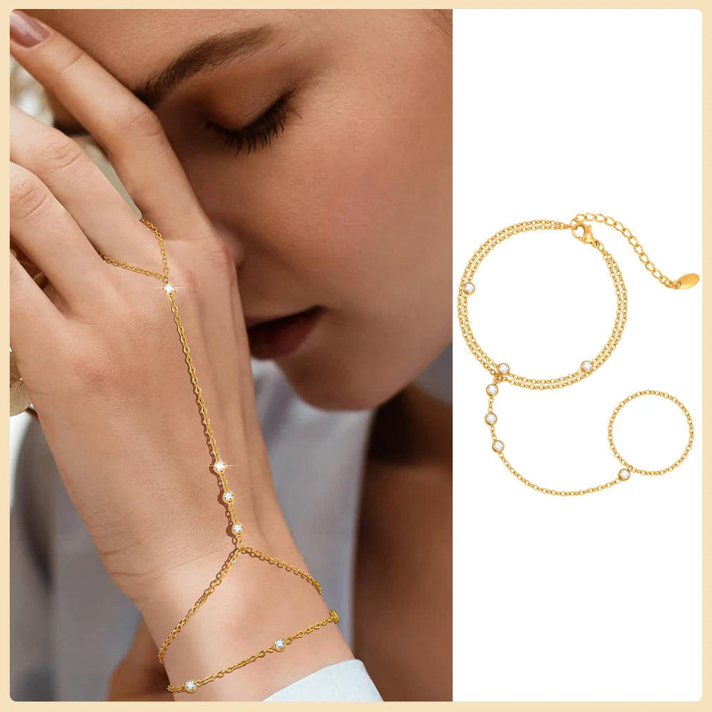 AureliaLink Gold Hand Chain Ring Bracelet – Stainless Steel Finger Bracelet | Adjustable Double-Layer Hand Chain | Women’s Body Jewellery