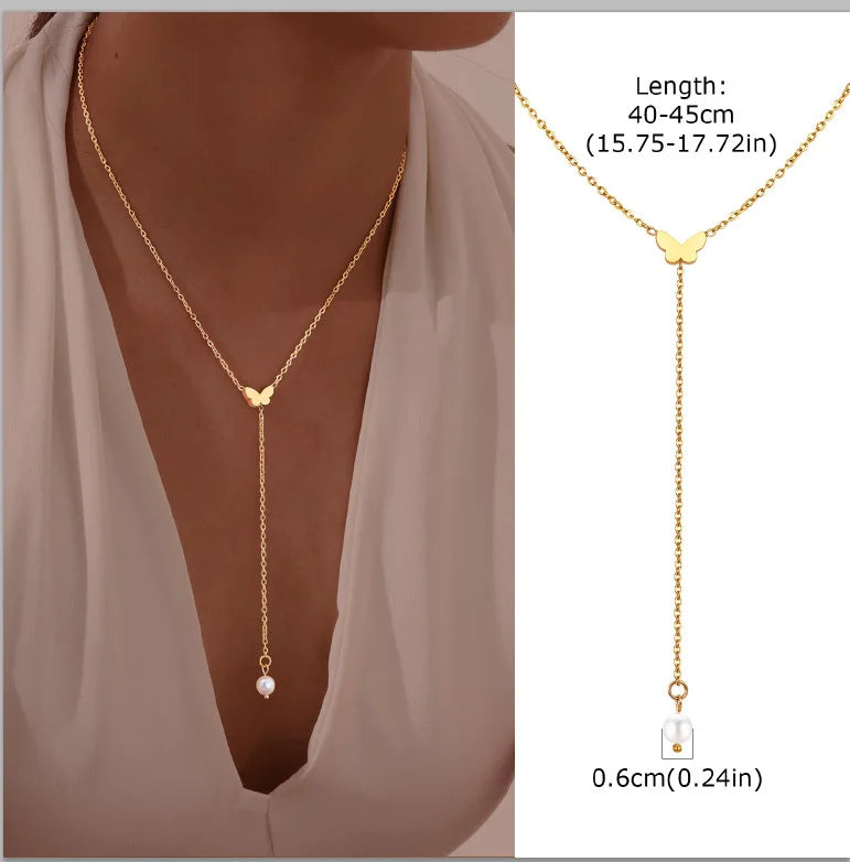 Aurelia Y-Drop Lariat Necklace – Gold-Plated Stainless Steel Necklace | Cubic Zirconia Drop Pendant | Dainty Layered Jewellery for Women