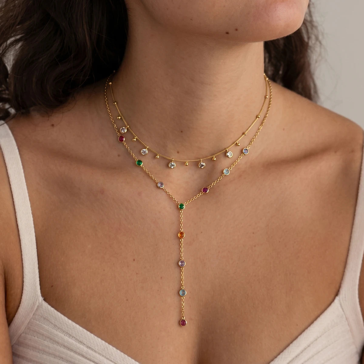 Virelia Multicolour Zircon Y-Shape Necklace – 18K Gold PVD Stainless Steel Jewellery | Geometric Drop Pendant | Women’s Statement Chain