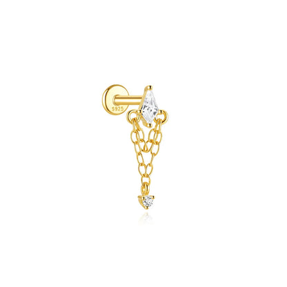 Elarisse 925 Sterling Silver Zircon Chain Stud – Women’s Flat-Back Piercing Earring | Kite Stone & Star Tassel Detail | Fine Jewellery