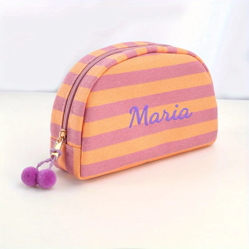 Marielle Personalised Striped Makeup Bag – Custom Name Embroidered Cosmetic Pouch | Colourful Canvas Travel Toiletry Organiser | Bridesmaid Gift