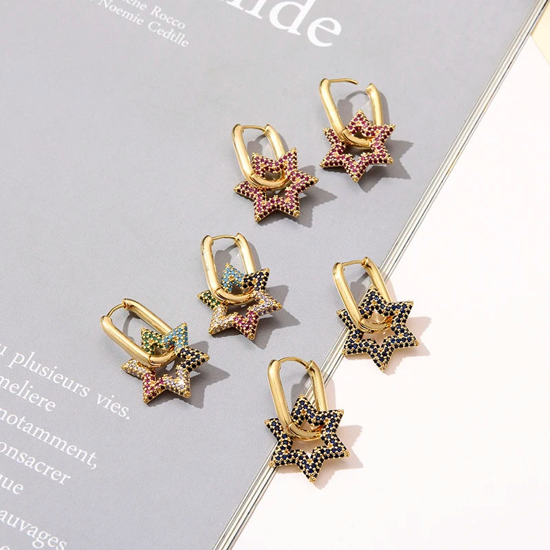 Celestara Star Zircon Hoop Earrings – Gold-Tone Geometric Drop Earrings | Colourful Cubic Zirconia | Elegant Women’s Statement Jewellery