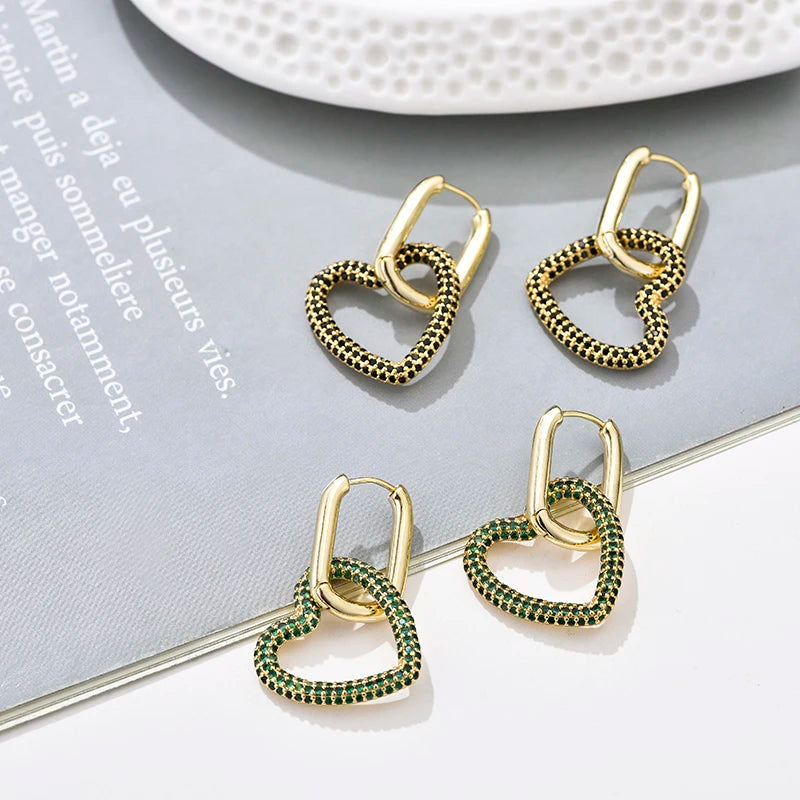 Amorette Heart Zircon Geometric Hoop Earrings – Gold-Tone Oval & Rectangle Drops | Colourful Crystal Jewellery | Elegant Women’s Earrings