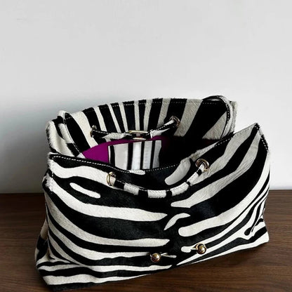 Zebrina Vintage Tote Bag – Women's Zebra Print Faux Leather Handbag | Large Capacity Soft Shoulder Bag | Gold Ball Clasp Purse