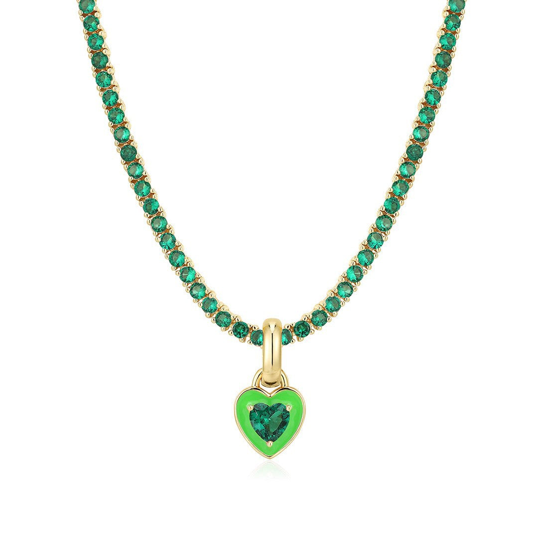 Emerelle Heart Tennis Chain Necklace – Stainless Steel Zircon Choker | Green Crystal & Colourful Enamel | Women’s Statement Jewellery