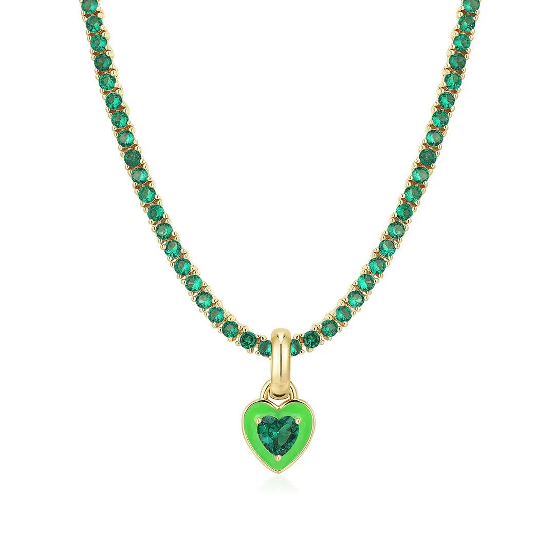 Emerelle Heart Tennis Chain Necklace – Stainless Steel Zircon Choker | Green Crystal & Colourful Enamel | Women’s Statement Jewellery