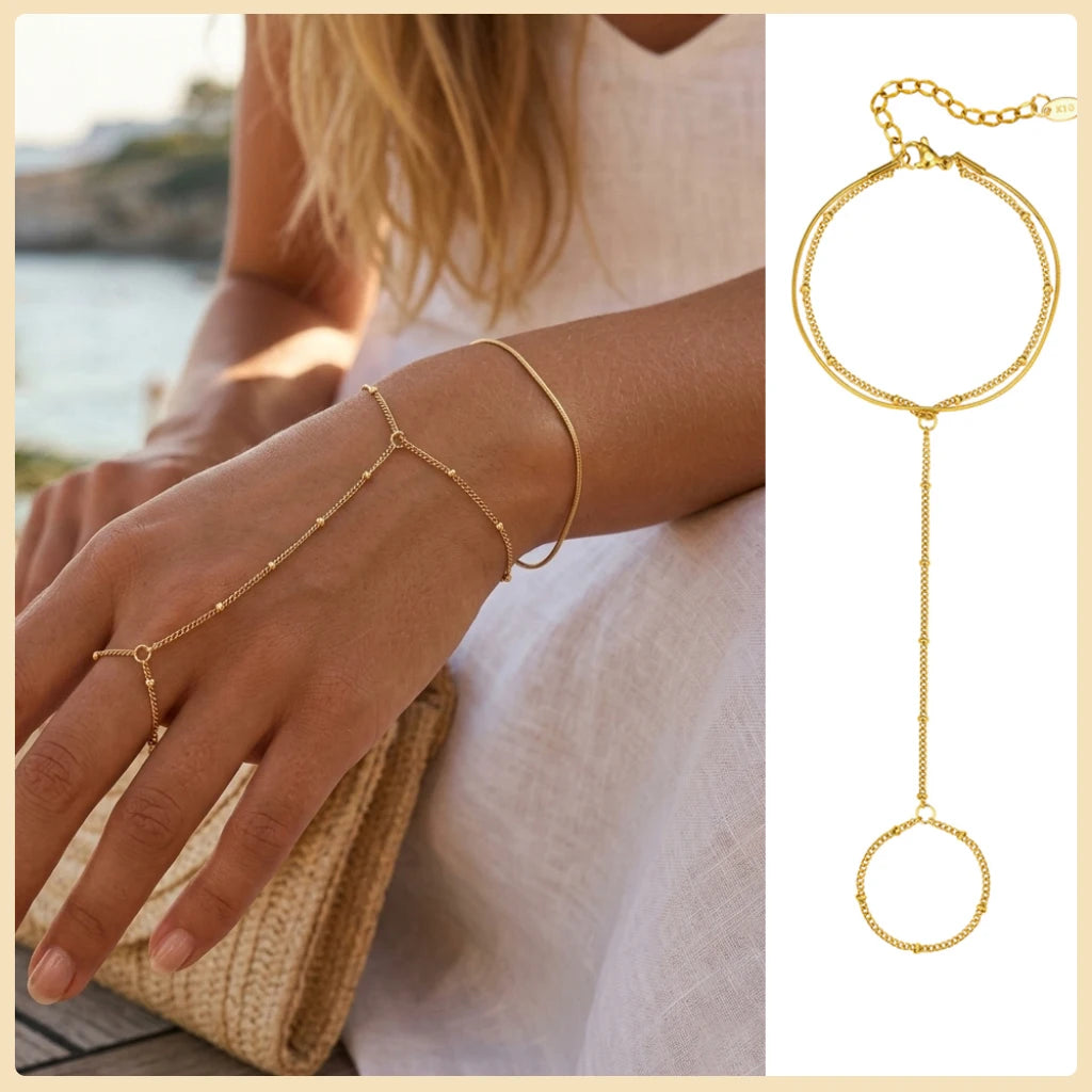 AureliaLink Gold Hand Chain Ring Bracelet – Stainless Steel Finger Bracelet | Adjustable Double-Layer Hand Chain | Women’s Body Jewellery