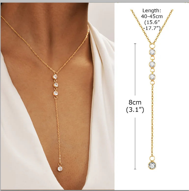 Aurelia Y-Drop Lariat Necklace – Gold-Plated Stainless Steel Necklace | Cubic Zirconia Drop Pendant | Dainty Layered Jewellery for Women