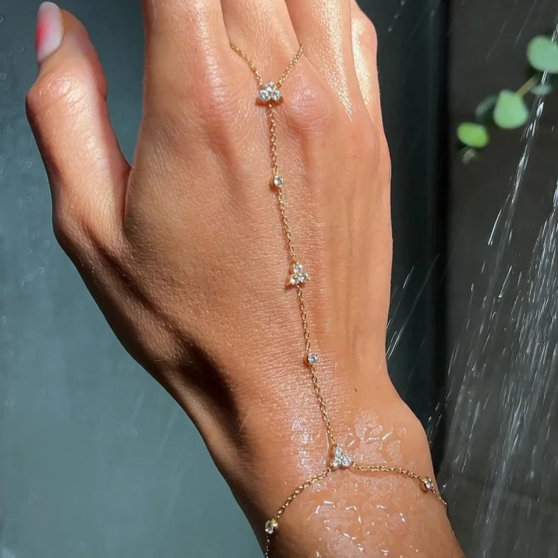 SeraphinaMesh Gold Hand Chain Bracelet – Bohemian Finger Ring Bracelet | Rhinestone Beaded Mesh Jewellery | Bridal Wedding Hand Chain