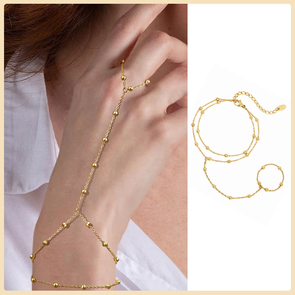 AureliaLink Gold Hand Chain Ring Bracelet – Stainless Steel Finger Bracelet | Adjustable Double-Layer Hand Chain | Women’s Body Jewellery