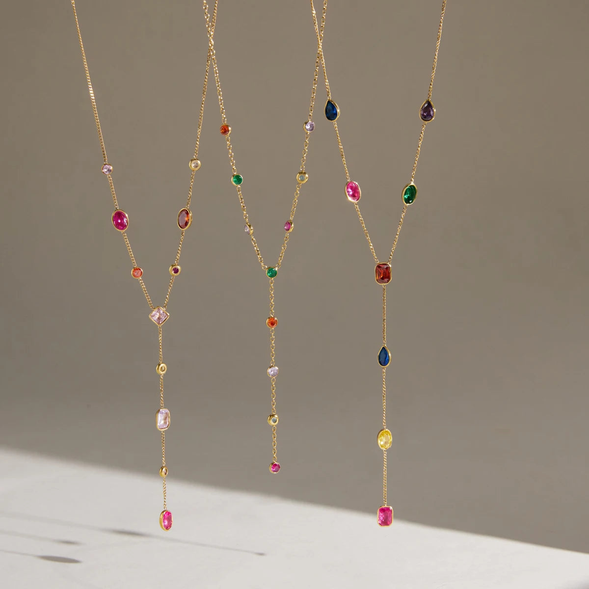 Virelia Multicolour Zircon Y-Shape Necklace – 18K Gold PVD Stainless Steel Jewellery | Geometric Drop Pendant | Women’s Statement Chain
