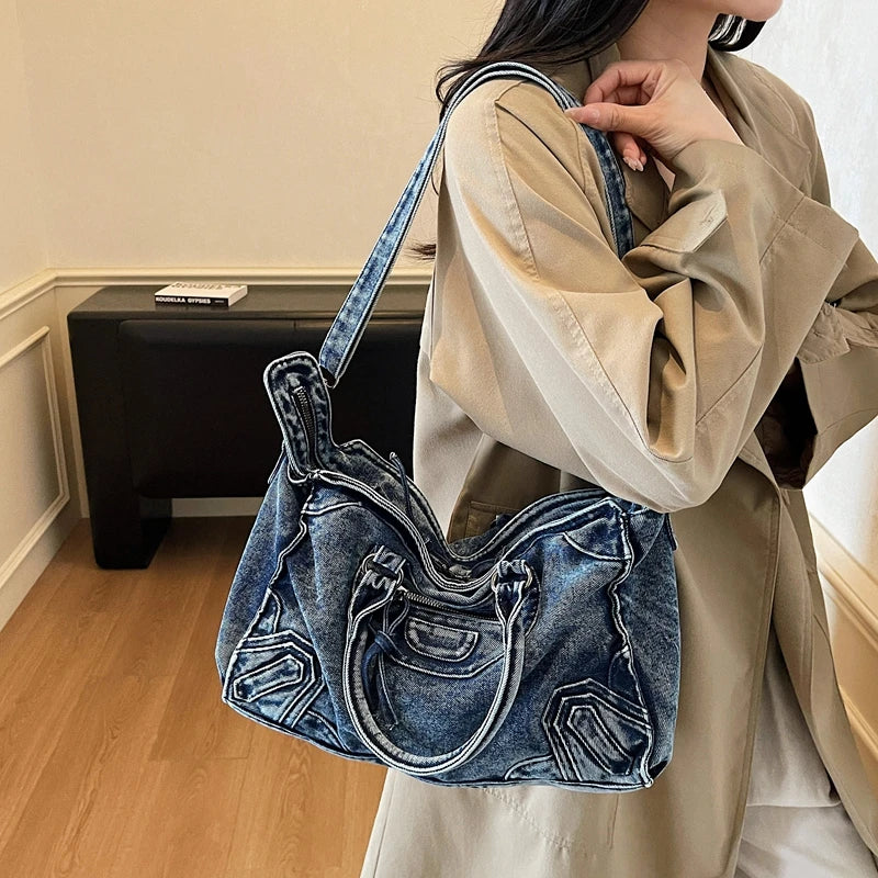 Denvara Vintage Washed Denim Tote Bag – Women's Large Capacity Shoulder Bag | Retro Rivet Detail | Casual Motorcycle-Style Handbag