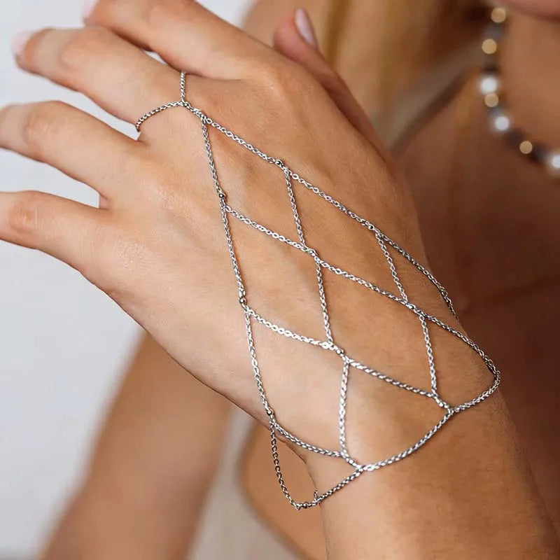 SeraphinaMesh Gold Hand Chain Bracelet – Bohemian Finger Ring Bracelet | Rhinestone Beaded Mesh Jewellery | Bridal Wedding Hand Chain