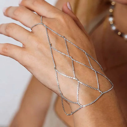 SeraphinaMesh Gold Hand Chain Bracelet – Bohemian Finger Ring Bracelet | Rhinestone Beaded Mesh Jewellery | Bridal Wedding Hand Chain