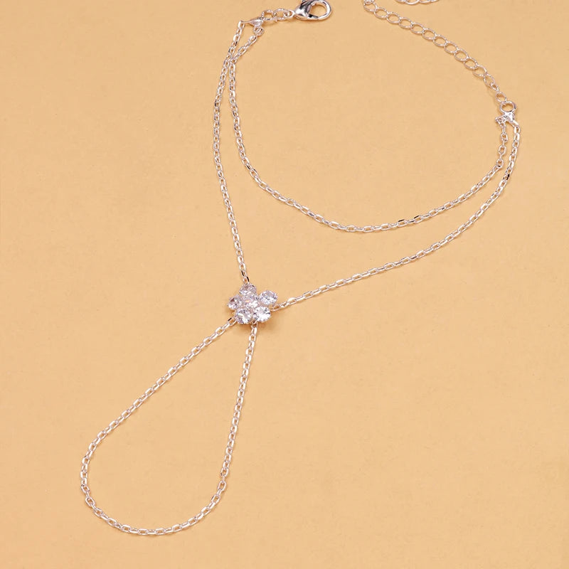 FloraLink Zircon Flower Finger Bracelet – Gold-Tone Double-Layer Hand Chain | Minimalist Floral Charm Jewellery | Women’s Finger Bracelet