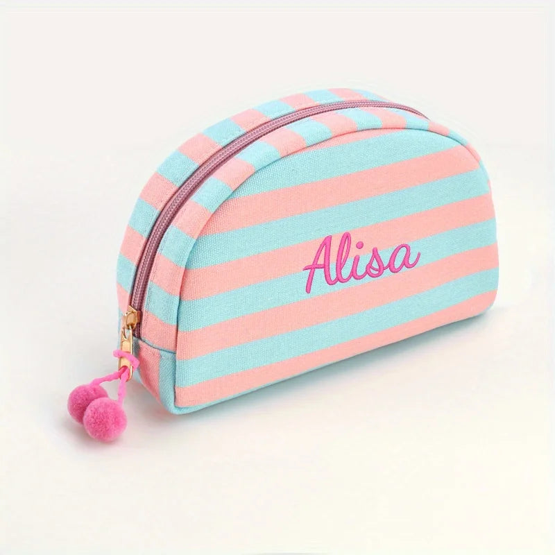 Marielle Personalised Striped Makeup Bag – Custom Name Embroidered Cosmetic Pouch | Colourful Canvas Travel Toiletry Organiser | Bridesmaid Gift