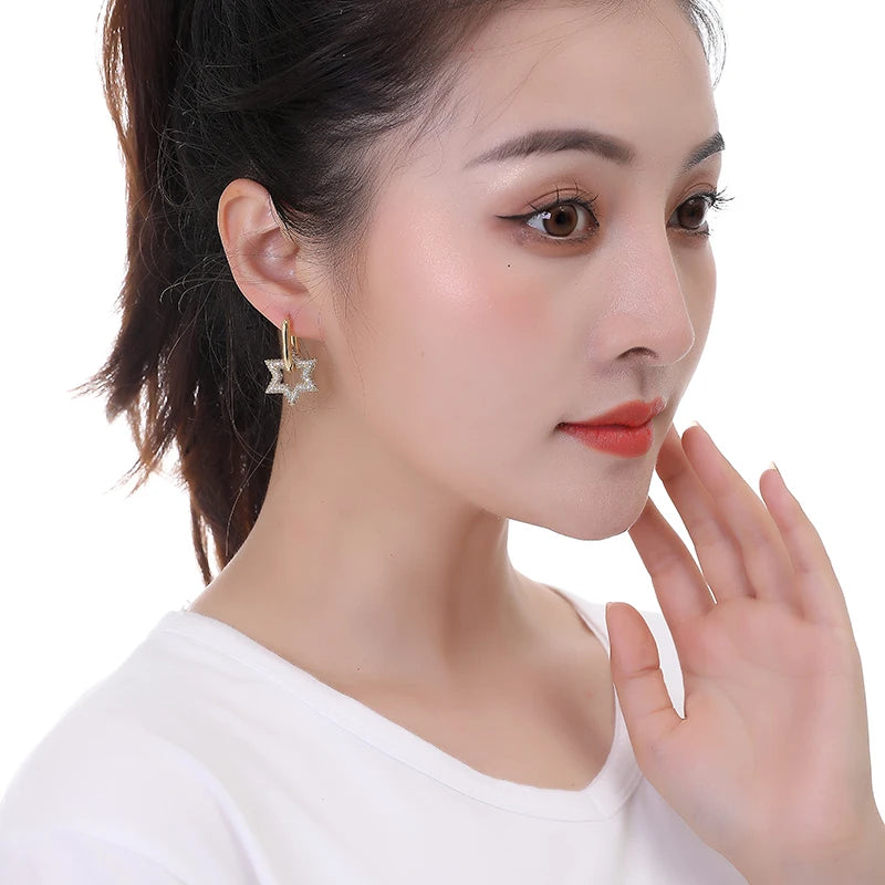 Celestara Star Zircon Hoop Earrings – Gold-Tone Geometric Drop Earrings | Colourful Cubic Zirconia | Elegant Women’s Statement Jewellery