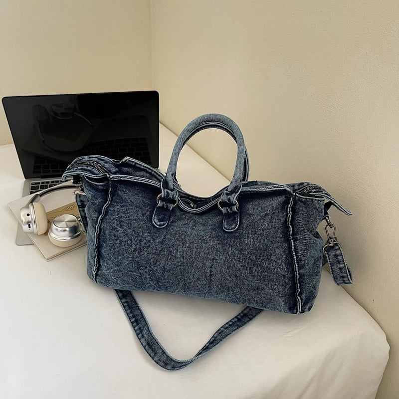 Denvara Vintage Washed Denim Tote Bag – Women's Large Capacity Shoulder Bag | Retro Rivet Detail | Casual Motorcycle-Style Handbag