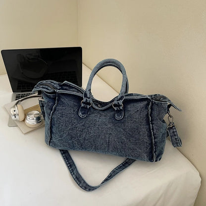 Denvara Vintage Washed Denim Tote Bag – Women's Large Capacity Shoulder Bag | Retro Rivet Detail | Casual Motorcycle-Style Handbag