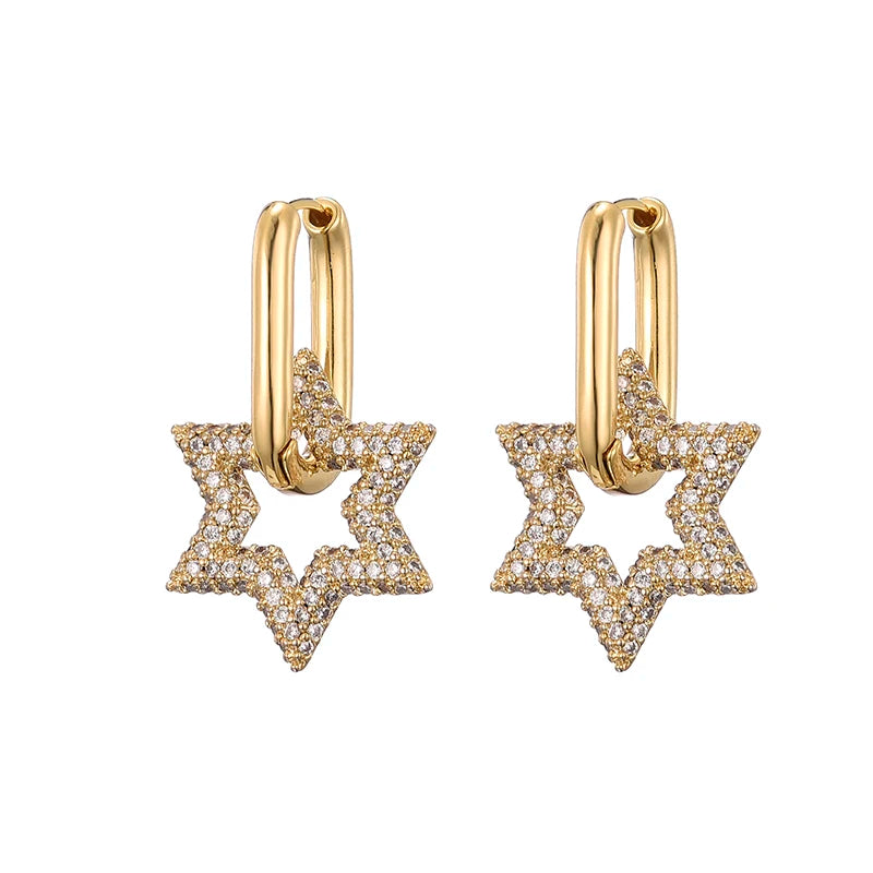 Celestara Star Zircon Hoop Earrings – Gold-Tone Geometric Drop Earrings | Colourful Cubic Zirconia | Elegant Women’s Statement Jewellery