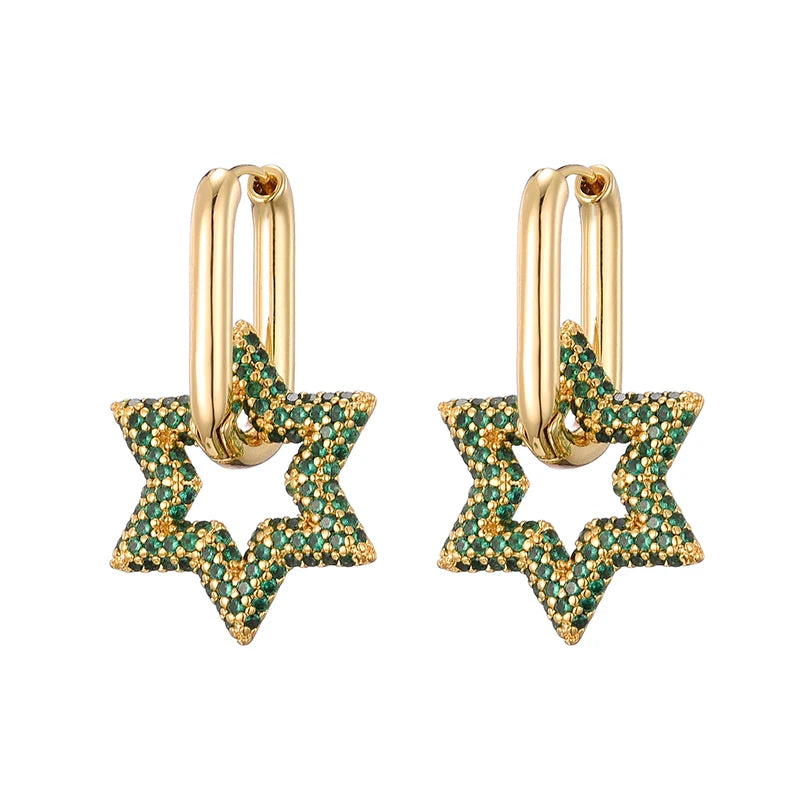 Celestara Star Zircon Hoop Earrings – Gold-Tone Geometric Drop Earrings | Colourful Cubic Zirconia | Elegant Women’s Statement Jewellery