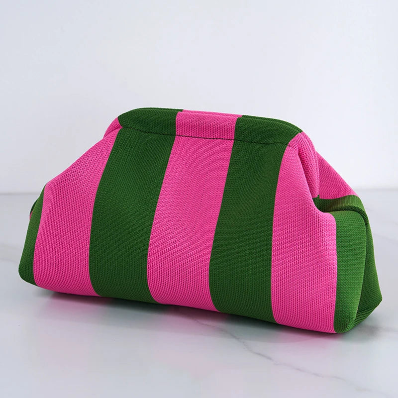 Solena Striped Woven Clutch Bag – Women’s Crochet-Style Beach Handbag | Soft Knitted Dumpling Purse | Casual Summer Clutch