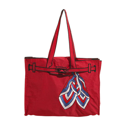 Narelle Embroidered Nylon Scarf Tote Bag – Women’s Large Capacity Shoulder Handbag | Bow Detail & Organised Interior | Retro Everyday Shopper
