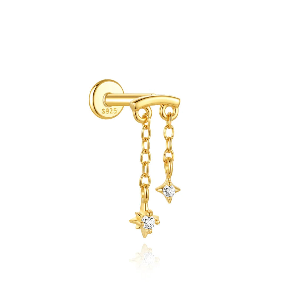 Elarisse 925 Sterling Silver Zircon Chain Stud – Women’s Flat-Back Piercing Earring | Kite Stone & Star Tassel Detail | Fine Jewellery