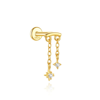Elarisse 925 Sterling Silver Zircon Chain Stud – Women’s Flat-Back Piercing Earring | Kite Stone & Star Tassel Detail | Fine Jewellery
